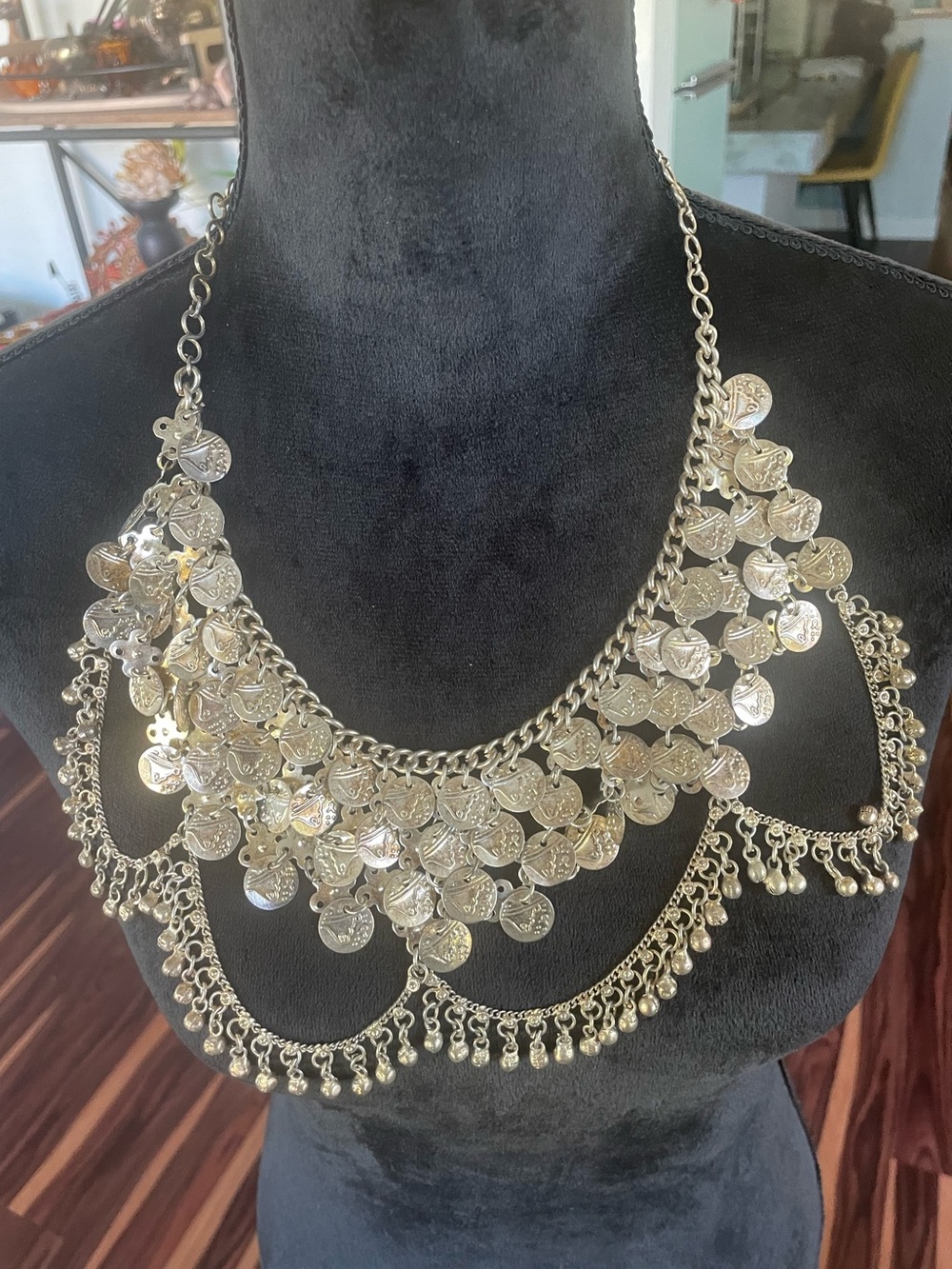 Vintage Silver Belly Dancing Fringe Statement Necklace